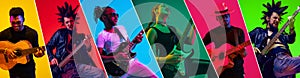 Collage. Talented and artistic young people, men and women playing guitar over multicolored background in neon