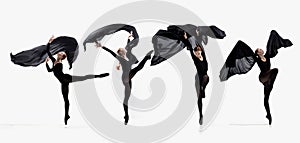 Collage. Talented and artistic young woman, professional ballet dancer dancing with black fabric on white background