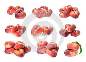 Collage with tasty flat peaches on white background