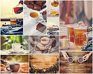 Collage of tea. Selective focus.