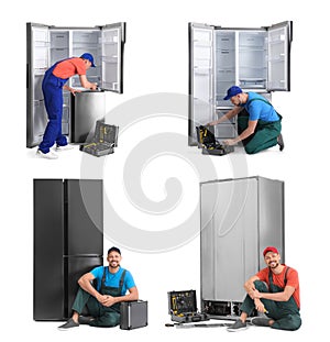 Collage of technical workers near refrigerators on background