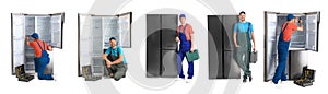 Collage of technical workers near refrigerators on background. Banner design
