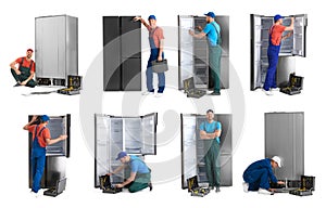 Collage of technical workers near refrigerators on background