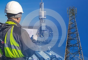 Collage of telecommunication engineer in helmet and uniform with documentation and tower with antennas of GSM DCS UMTS