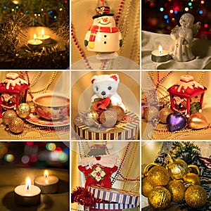 Collage on the theme of Christmas: Christmas toys, Christmas tree, candle.