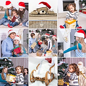 Collage on the theme of Christmas: Happy family, children, Chris