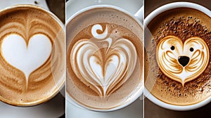A collage of three cups of coffee with latte art in heart and bear shapes, showcasing different foam patterns.