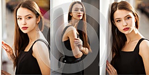 Collage three fashion models. Young beautiful brunette women