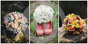 Collage of three photos of wedding bouquet
