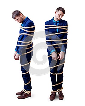 Collage of tired businessman tied up with rope stands with humility.