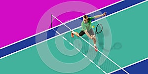 Collage. Top view image of man, professional male tennis player in motion, training, playing against multicolored court