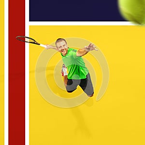 Collage. Top view image of man, professional tennis player in motion, training, serving ball with racket against