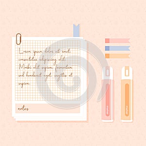 Collage torn paper sheets of notebook, sticky memo, marker. Vector elements in trendy style. Contemporary illustration.