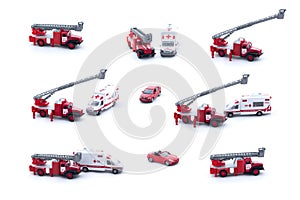 Collage of toy Fire Truck, Ambulance and red car isolated on white background