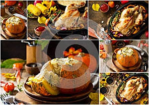 Collage Traditional Thanksgiving Turkey dinner. Roasted Turkey with Pumpkin and Baked pumpkin stuffed with Turkey on rustic