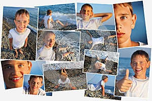 Collage with twelve poses of teenager boy (one photo