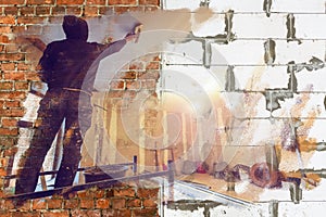 Collage from two images - Wall made from foamed concrete blocks, red bricks and worker in construction site. Concept of