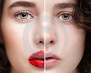 Collage of two photos. Closeup macro portrait of female face with nude makeup and beauty scarlet red lips make-up