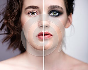 Collage of two photos. Closeup macro portrait of female face with nude makeup and violet - black smoky eyes beauty make-up