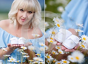 A collage of two photos of the expectant mother with the white booties