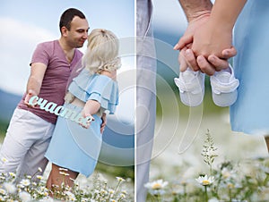 A collage of two photos of the expectant mother with the white booties