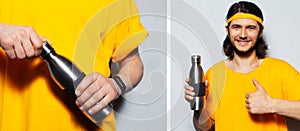 Collage from two photos of young smiling man holding steel reusable thermo water bottle on background of grey wall. Wearing yellow