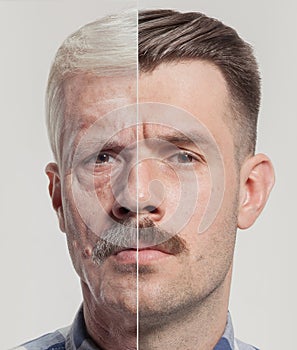 Collage of two portraits of the same old man and young man. Face lifting, aging and skincare concept. Conparison