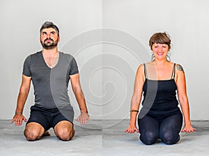 Collage of two: Yoga students showing different yoga poses
