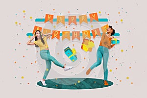 Collage of two young girls dance happy birthday party hang flags hold giftbox celebration listen music near isolated