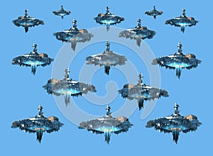 Collage of UFO instances isolated on sky-blue