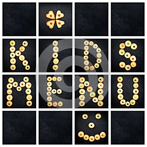 Collage of the uppercase letter - words KIDS MENU