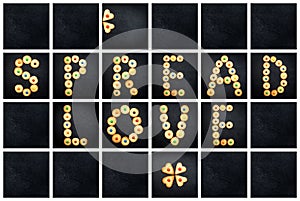 Collage of the uppercase letter - words SPREAD LOVE