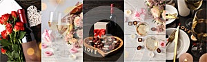 Collage of Valentine`s Day compositions, different angle and backgrounds