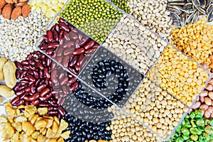 Collage various beans mix peas agriculture of natural healthy food for cooking ingredients - Box of different whole grains beans