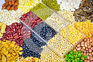 Collage various beans mix peas agriculture of natural healthy food for cooking ingredients - Set of different whole grains beans