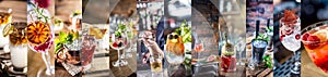 Collage of various cocktails on the world. Best mixed drinks - Old fashioned Mojito Negroni Daiquiri Aperol Spritz etc. Set 1 of 3