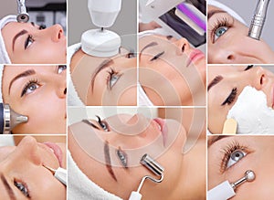 Collage of various cosmetic procedures for a young, beautiful woman in a beauty salon. Cosmetology and professional skin care.