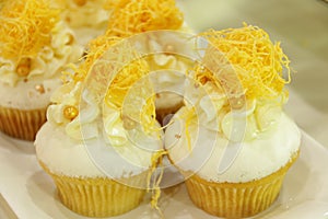 Collage of various cupcakes: vanilla,