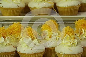 Collage of various cupcakes: vanilla in decorative cup