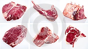 Collage of various cuts of raw beef steak