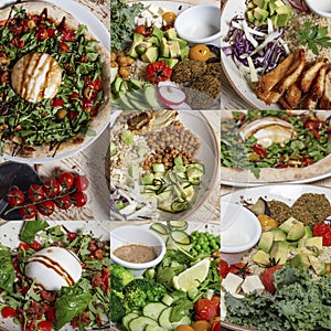 Collage of various delicious salads
