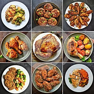 Collage of various food. Meat dishes. Meatballs, nuggets, chicken wings, chicken