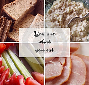 Collage of various food products. Bread, turkey fillet, squid salad and fresh cucumbers with tomatoes.