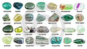 Collage of various green gemstones with names photo