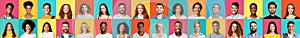 Collage Of Various People Faces On Bright Colored Backgrounds, Panorama