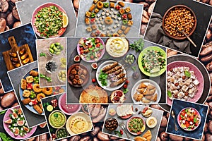 Collage of various traditional Arabic and Middle Eastern food. Collection of photos with Arab dishes. View from above