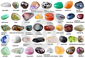 Collage from various tumbled gemstones with names