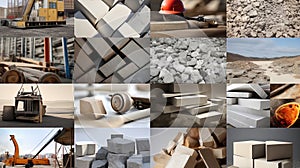 Collage with various types of building materials on construction site