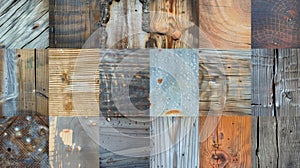 A collage of various wooden textures including smooth rough and knotted grain patterns.