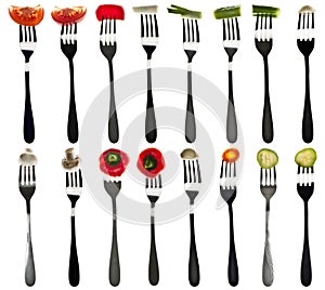 Collage of vegetables in forks